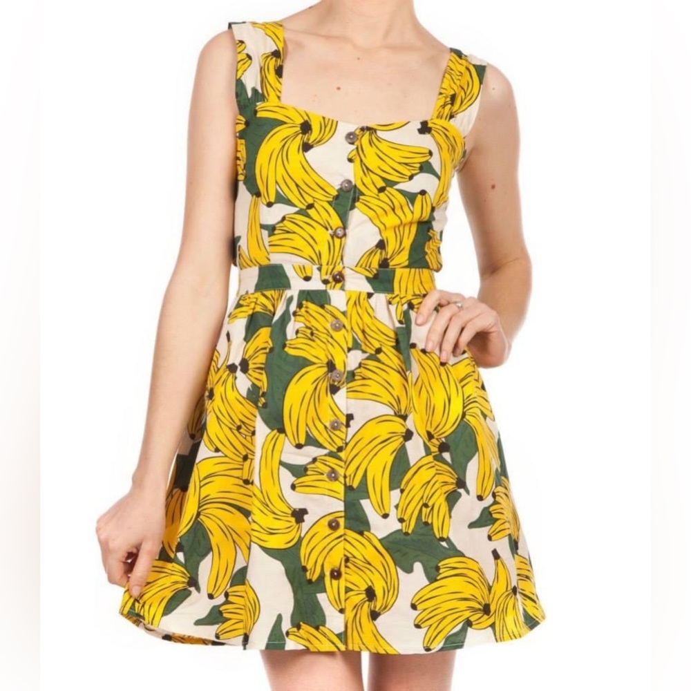 DANGERFIELD Bananas Print Yellow Cotton Fit & Flare Skater Pinafore Mini Dress - Picture 1 of 9
